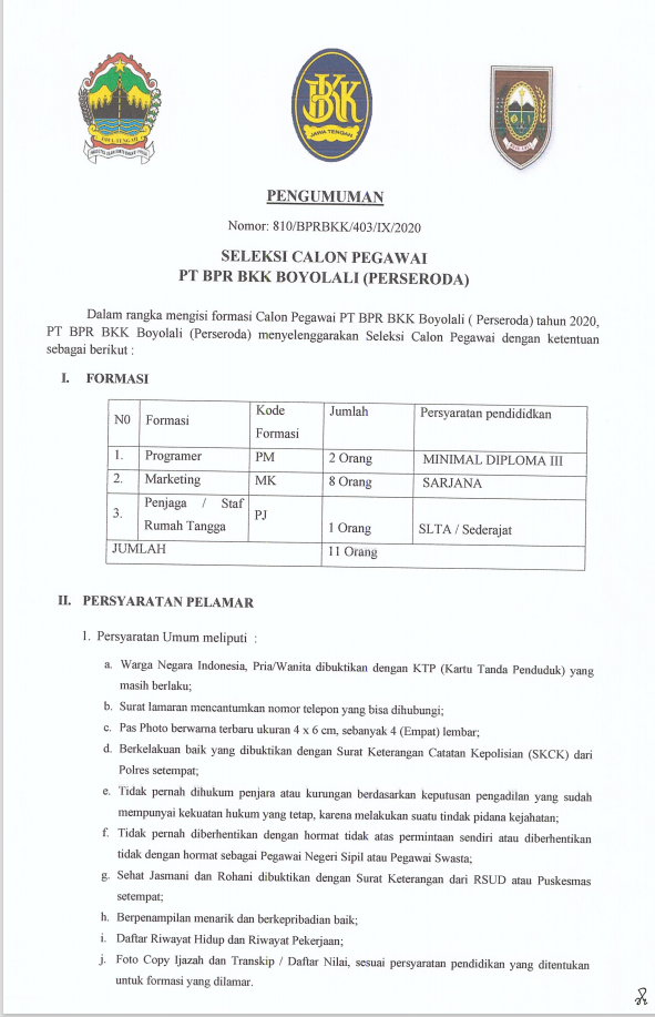 SELEKSI CALON PEGAWAI PT BPR BKK BOYOLALI ( PERSERODA )